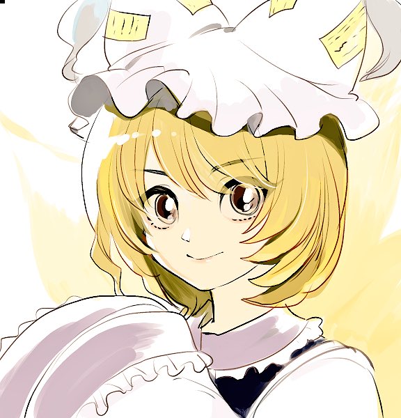 1girl animal_ears blonde_hair brown_eyes closed_mouth face hands_in_opposite_sleeves hat joniko1110 looking_at_viewer mob_cap short_hair simple_background smile solo touhou upper_body white_hat yakumo_ran