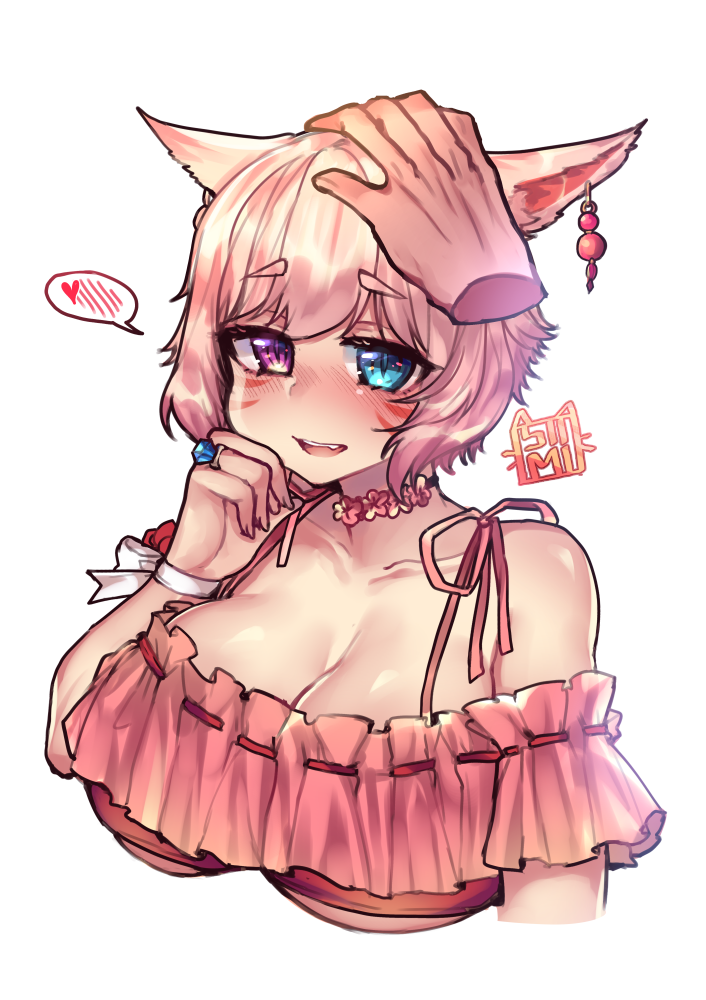 1girl ahoge animal_ears bikini blue_eyes blush breasts cat_ears choker cleavage disembodied_limb earrings ears_down eyebrows_visible_through_hair final_fantasy final_fantasy_xiv heart heterochromia huge_ahoge jewelry looking_at_viewer miqo'te nose_blush osiimi parted_lips petting pink_eyes pink_hair short_hair signature simple_background slit_pupils solo_focus spoken_blush spoken_heart swimsuit upper_body whisker_markings white_background