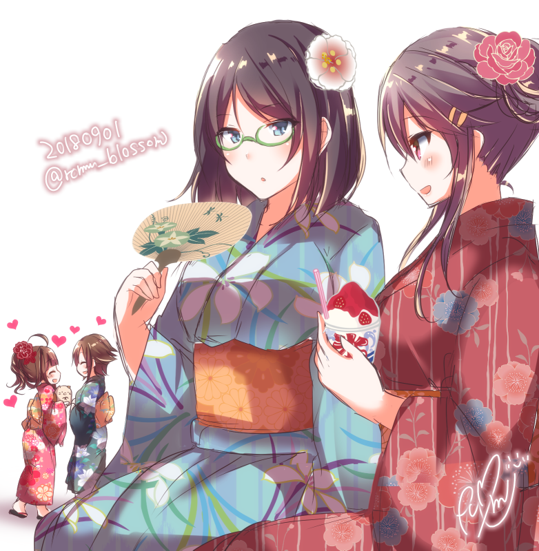 2018 4girls :d ahoge alternate_costume black_hair blue_eyes blue_kimono breasts brown_hair closed_eyes commentary_request dated fan flower food geta glasses green-framed_eyewear hair_flower hair_ornament hairclip haruna_(kantai_collection) heart hiei_(kantai_collection) holding holding_fan holding_food japanese_clothes kantai_collection kimono kirishima_(kantai_collection) kongou_(kantai_collection) large_breasts looking_at_another multiple_girls nanoha-h open_mouth red_eyes red_kimono shaved_ice short_hair simple_background smile spiky_hair tied_hair twitter_username white_background yukata yuri