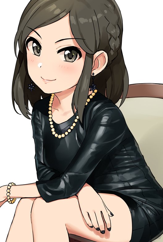 1girl brown_eyes brown_hair closed_mouth eyebrows_visible_through_hair idolmaster idolmaster_cinderella_girls looking_at_viewer omaru_gyuunyuu parted_lips saejima_kiyomi sitting smile solo source_request v-shaped_eyebrows