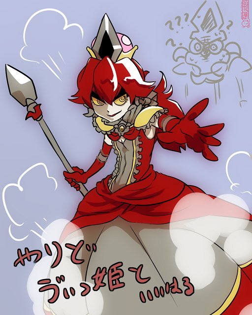 1girl artist_request bangs breasts center_frills cleavage covered_navel crown dress elbow_gloves genderswap genderswap_(mtf) gloves hair_between_eyes holding holding_spear holding_weapon long_hair super_mario_bros. new_super_mario_bros._u_deluxe nintendo open_mouth polearm ponytail red_gloves redhead small_breasts smile solo spear super_crown super_mario_bros. super_mario_rpg weapon yaridovich yellow_eyes