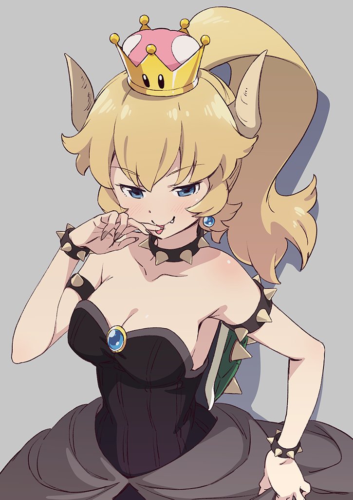 1girl bare_shoulders black_dress blonde_hair bowsette bracelet collar dress genderswap genderswap_(mtf) hand_to_own_mouth horns jewelry kanzaki_hiro super_mario_bros. new_super_mario_bros._u_deluxe nintendo spiked_bracelet spiked_collar spiked_shell spikes strapless strapless_dress super_crown turtle_shell