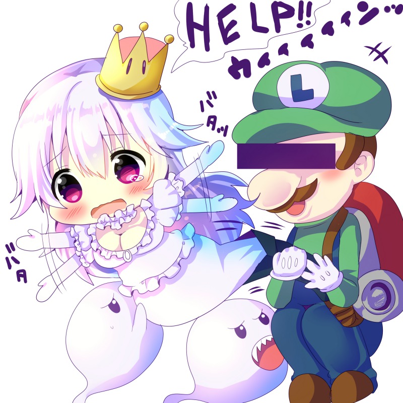 +++ 1boy 1girl afterimage backpack bag bangs blush boo breasts brown_footwear censored chibi chocolat_(momoiro_piano) cleavage commentary_request crown dress elbow_gloves english eyebrows_visible_through_hair flailing flat_cap gloves green_hat green_shirt hair_between_eyes hat identity_censor large_breasts long_hair long_sleeves luigi luigi's_mansion super_mario_bros. mini_crown new_super_mario_bros._u_deluxe nintendo open_mouth overalls princess_king_boo puffy_short_sleeves puffy_sleeves sharp_teeth shirt short_sleeves silver_hair simple_background squatting sweat tears teeth tilted_headwear translated vacuum_cleaner very_long_hair violet_eyes white_background white_dress white_gloves