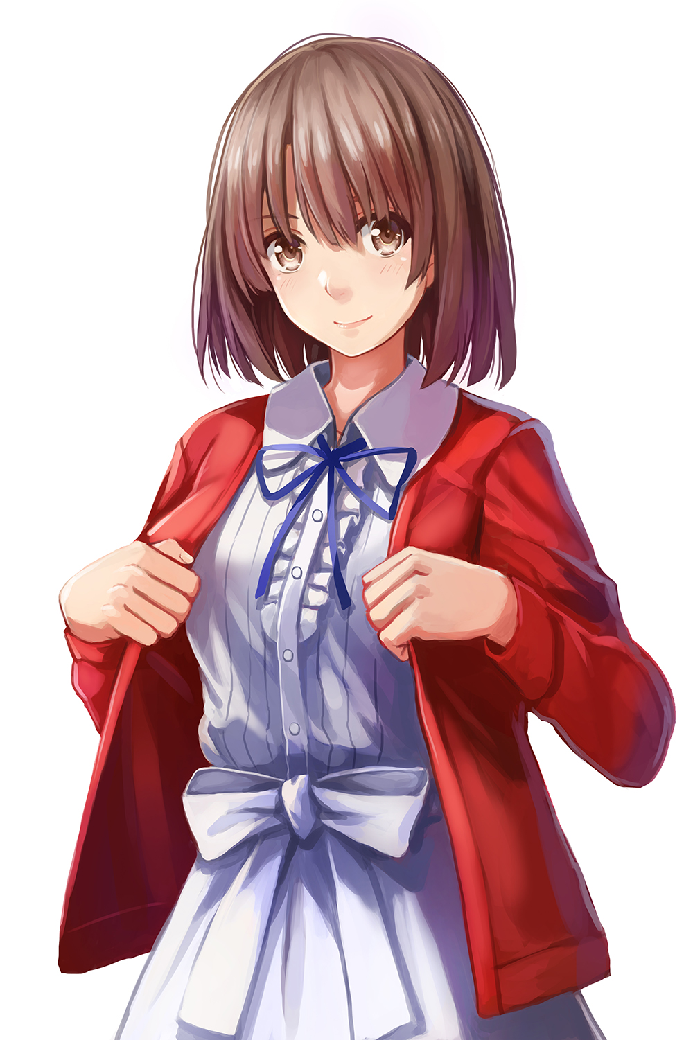 1girl adjusting_clothes blue_neckwear blue_ribbon brown_eyes brown_hair collared_dress dress highres jacket katou_megumi long_sleeves looking_at_viewer neck_ribbon open_clothes open_jacket red_jacket redpoke ribbon saenai_heroine_no_sodatekata short_hair simple_background smile solo upper_body white_background white_dress white_ribbon