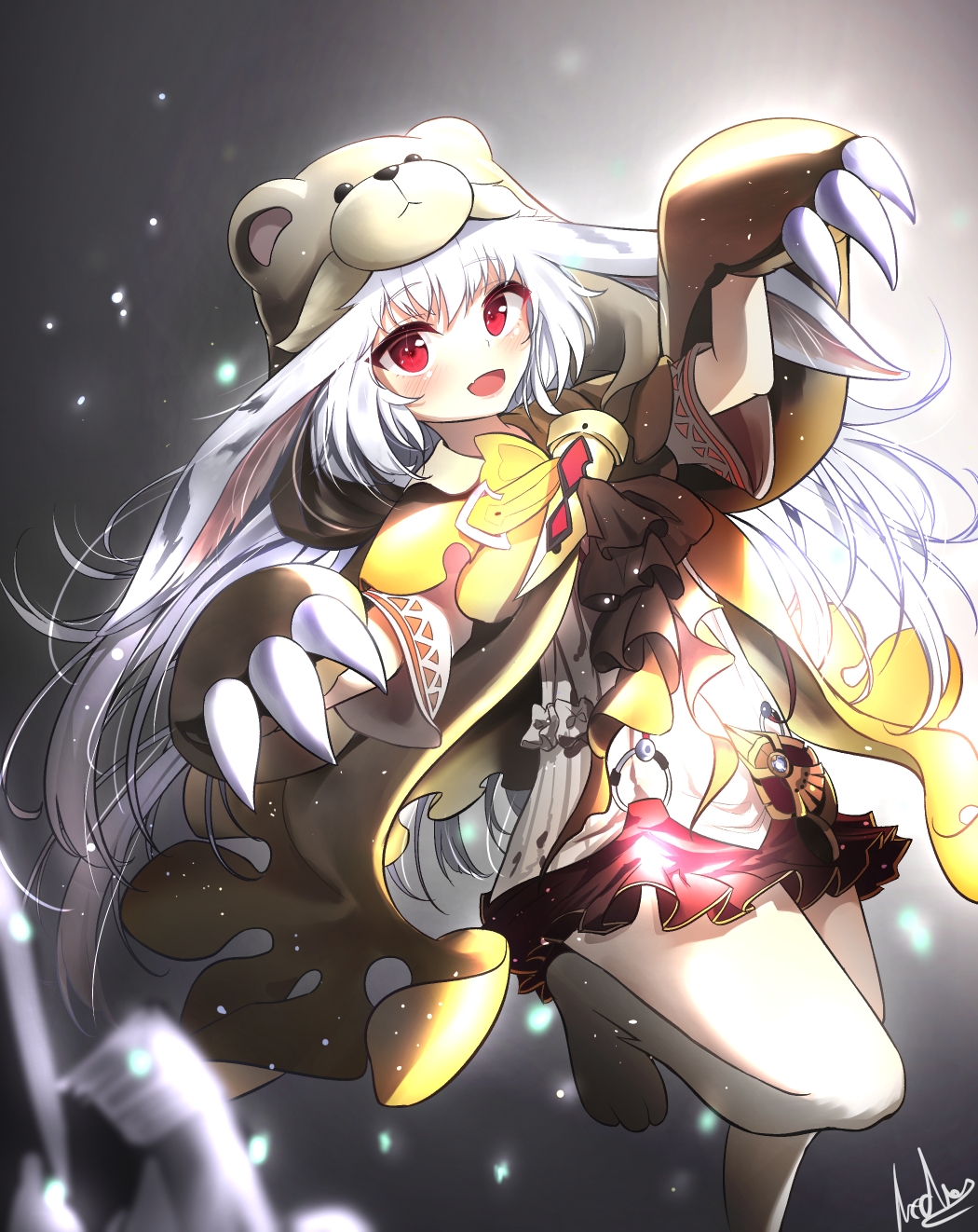 1girl :d alswp5806 bangs blurry blurry_foreground blush brown_cape character_request claws commentary depth_of_field dress dutch_angle eyebrows_visible_through_hair fang hair_between_eyes highres long_hair o-ring open_mouth red_eyes sdorica_-sunset- sidelocks signature silver_hair smile solo standing standing_on_one_leg symbol_commentary very_long_hair white_dress