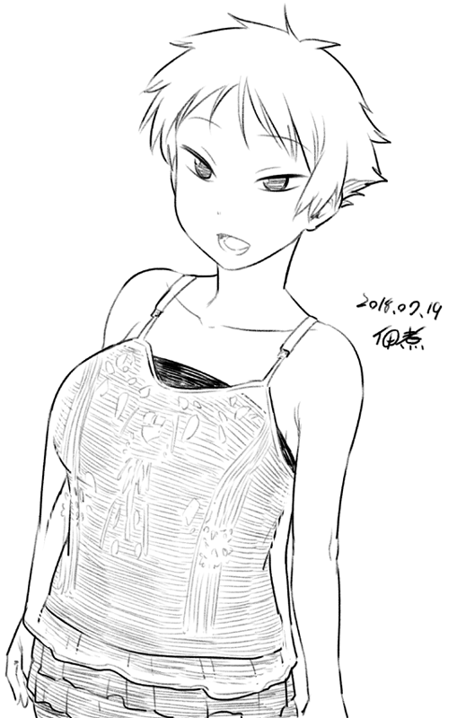 1girl :d bare_arms bare_shoulders breasts camisole dated eyebrows_visible_through_hair greyscale large_breasts looking_at_viewer monochrome open_mouth original short_hair signature simple_background smile solo tsukudani_(coke-buta) white_background