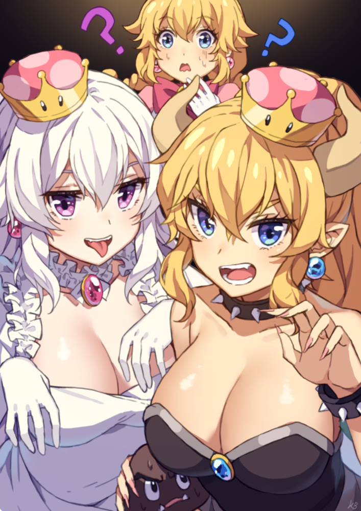 3girls ? bangs bare_shoulders black_dress blonde_hair blue_eyes blush bow bowsette bracelet braid breasts brooch cleavage collar collarbone crown detached_collar dress earrings eyebrows_visible_through_hair frilled_dress frills gloves goomba hair_between_eyes horns jewelry kim_bae-eo large_breasts long_hair looking_at_viewer luigi's_mansion super_mario_bros. multiple_girls new_super_mario_bros._u_deluxe nintendo open_mouth peachette pointy_ears ponytail princess_king_boo sharp_teeth short_sleeves smile spiked_bracelet spiked_collar spikes strapless strapless_dress super_crown teeth tongue tongue_out turtle_shell twin_braids twintails violet_eyes white_dress white_gloves white_hair