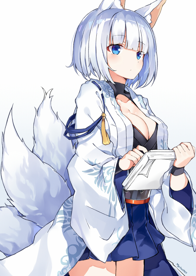 1girl animal_ears azur_lane bangs blue_background blue_skirt breasts cleavage closed_mouth cowboy_shot eyebrows_visible_through_hair fox_ears fox_girl fox_tail gradient gradient_background holding holding_paper japanese_clothes kaga_(azur_lane) kimono kitsune long_sleeves looking_away medium_breasts multiple_tails myuton open_clothes open_kimono paper short_hair silver_hair skirt solo tail tail_raised white_background white_kimono wide_sleeves