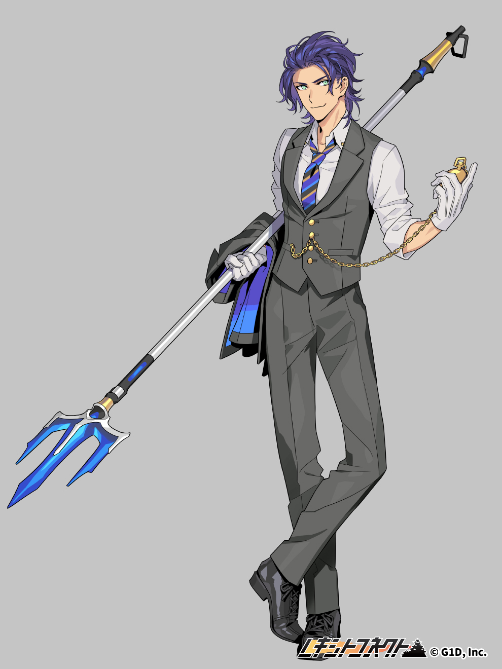 1boy aqua_eyes black_pants blue_hair copyright_name formal full_body gloves grey_background grey_gloves grey_shirt highres holding holding_weapon jacket jacket_removed looking_at_viewer male_focus necktie official_art pants pocket_watch polearm pota_(bluegutty) reki_connect shirt smile standing striped_neckwear suit tachi-e trident watch watermark weapon