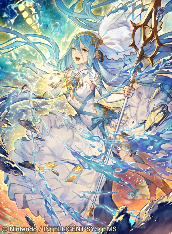 1girl anklet aqua_(fire_emblem_if) barefoot blue_hair blue_ribbon breasts debris dress elbow_gloves energy fingerless_gloves fire_emblem fire_emblem_cipher fire_emblem_if gloves holding holding_spear holding_weapon jewelry lantern long_hair looking_at_viewer medium_breasts music nintendo official_art parted_lips pendant polearm ribbon ruins singing single_legging smile solo spear strapless strapless_dress thighlet umiu_geso veil very_long_hair water weapon white_dress yellow_eyes