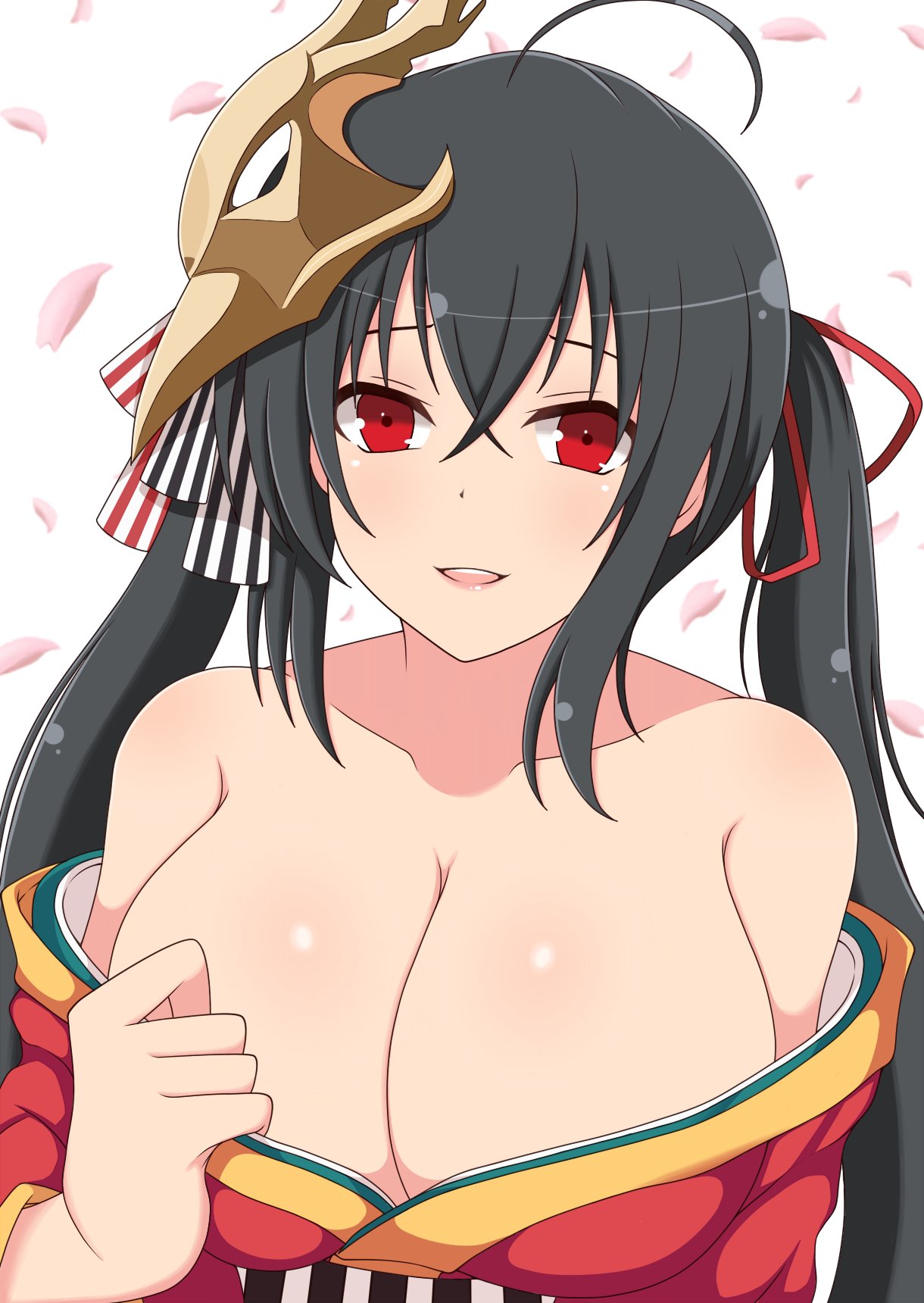 1girl ahoge azur_lane bangs bare_shoulders black_hair blush breasts cleavage collarbone eyebrows_visible_through_hair hair_between_eyes hair_ornament highres huge_breasts large_breasts long_hair looking_at_viewer open_mouth red_eyes smile solo taihou_(azur_lane) very_long_hair