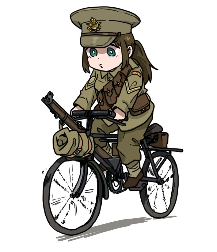 1girl anyan_(jooho) bicycle british_army commentary_request green_hair ground_vehicle gun hat lee-enfield long_hair military military_uniform original peaked_cap ponytail riding rifle solo uniform weapon white_background world_war_i