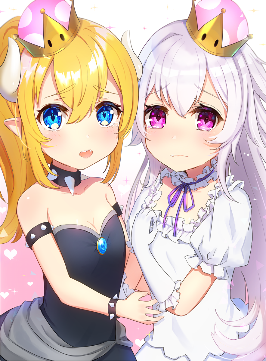 2girls bangs bare_shoulders black_dress blonde_hair blue_eyes blush bowsette bracelet closed_mouth collar collarbone commentary_request crown detached_collar dress elbow_gloves eyebrows_visible_through_hair fang fang_out frilled_gloves frills gloves gradient gradient_background hair_between_eyes heart highres horns jewelry long_hair luigi's_mansion super_mario_bros. mini_crown multiple_girls neck_ribbon new_super_mario_bros._u_deluxe nintendo omelet_tomato open_mouth pink_background pointy_ears ponytail princess_king_boo puffy_short_sleeves puffy_sleeves purple_ribbon ribbon short_sleeves silver_hair spiked_bracelet spiked_collar spikes strapless strapless_dress super_crown tears tilted_headwear very_long_hair violet_eyes white_background white_collar white_dress white_gloves younger