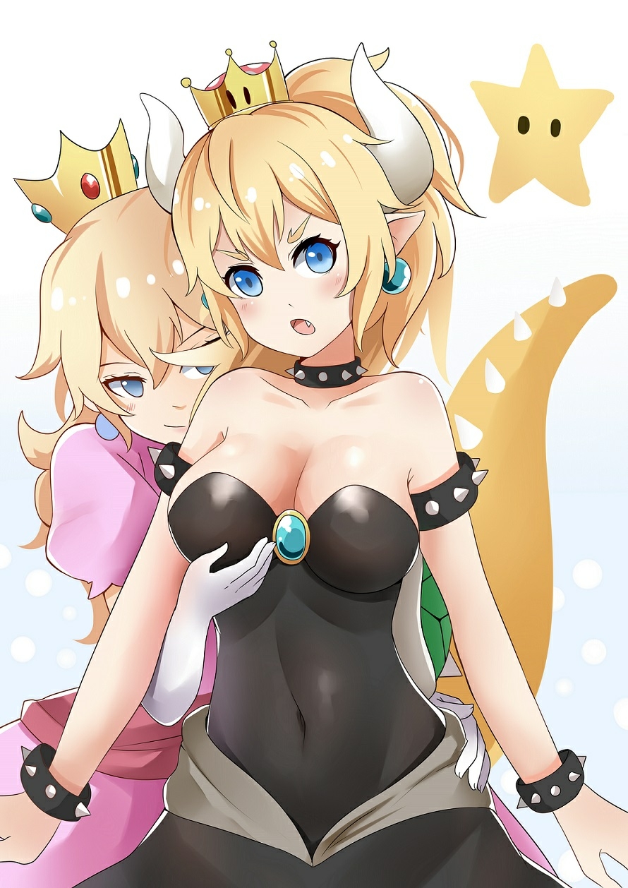 2girls armlet bare_shoulders black_dress blonde_hair blue_eyes bowsette bracelet breast_grab breasts collar covered_navel crown dress earrings elbow_gloves fang gem gloves grabbing hair_between_eyes hand_on_another's_hip highres horns jewelry large_breasts looking_at_viewer super_mario_bros. mihoazuazu.1996 multiple_girls naughty_face new_super_mario_bros._u_deluxe nintendo open_mouth pink_dress pointy_ears ponytail princess_peach puffy_short_sleeves puffy_sleeves short_sleeves spiked_bracelet spiked_collar spiked_tail spikes starman_(mario) strapless strapless_dress super_crown super_mario_bros. tail turtle_shell white_gloves yuri