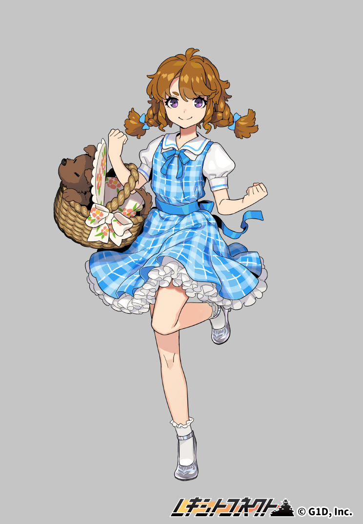 1girl bow brown_hair clenched_hand dog dress grey_background hand_up looking_at_viewer official_art picnic_basket plaid plaid_dress pota_(bluegutty) puffy_short_sleeves puffy_sleeves reki_connect short_sleeves short_twintails silver_shoes smile standing standing_on_one_leg twintails violet_eyes watermark white_bow white_legwear