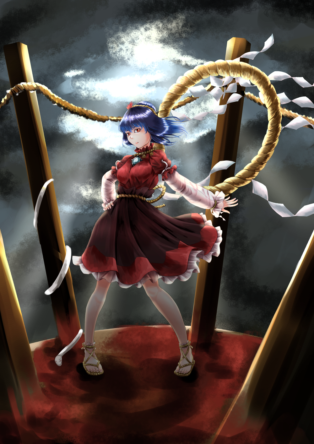 1girl dark_sky dress expressionless hand_on_hip hara highres long_sleeves looking_at_viewer onbashira purple_hair red_eyes rope rope_belt sandals shimenawa snake touhou waraji yasaka_kanako