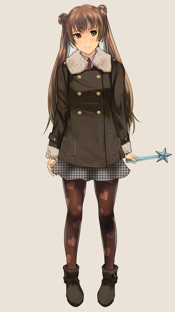 1girl ankle_boots boots brown_coat brown_eyes brown_hair brown_legwear closed_mouth coat commentary_request double-breasted double_bun eyebrows_visible_through_hair full_body fur_trim grey_background grey_skirt heart heart_print holding looking_at_viewer miniskirt munakata_(hisahige) necktie original pantyhose red_neckwear simple_background skirt smile solo standing twintails wand
