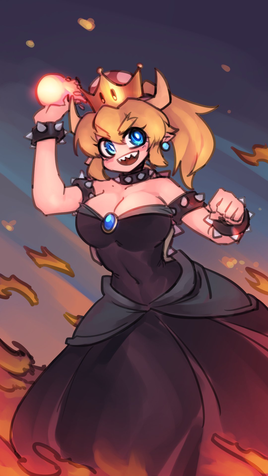 1girl armlet artist_request bare_shoulders black_dress blonde_hair blue_eyes blush bowsette bracelet breasts collar covered_navel crown dress earrings eyebrows_visible_through_hair fire fireball highres horns jewelry large_breasts long_hair super_mario_bros. new_super_mario_bros._u_deluxe nintendo open_mouth pointy_ears ponytail sharp_teeth smile solo spiked_armlet spiked_bracelet spiked_collar spiked_shell spikes strapless strapless_dress super_crown teeth throwing transformation turtle_shell