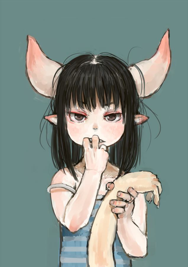 1girl bare_shoulders black_hair blue_camisole brown_eyes camisole commentary_request ebimomo fingernails green_background hand_up holding horns looking_at_viewer original pointy_ears sharp_teeth simple_background solo strap_slip teeth upper_body