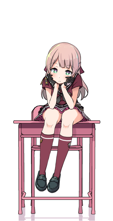 1girl alternate_hairstyle bang_dream! bangs black_footwear black_gloves black_neckwear chair chin_rest desk double-breasted elbows_on_knees eyebrows_visible_through_hair frown gloves green_eyes half_updo kneehighs long_hair looking_at_viewer lost_one_no_goukoku_(vocaloid) miniskirt neckerchief on_desk pink_hair red_legwear red_shirt school_chair school_desk school_uniform serafuku shipii_(jigglypuff) shirt shoes short_sleeves simple_background sitting sitting_on_desk skirt solo uehara_himari vocaloid white_background