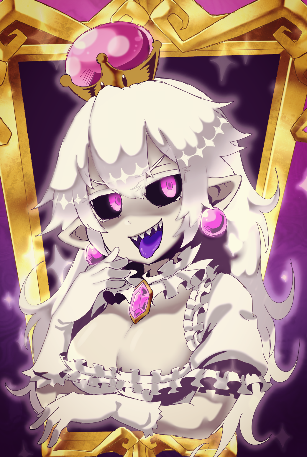 &gt;:) 1girl artist_request black_sclera breasts cleavage crown dress eyebrows_visible_through_hair frame gloves grin hair_between_eyes highres jewelry large_breasts long_hair super_mario_bros. new_super_mario_bros._u_deluxe nintendo open_mouth pale_skin pointy_ears princess_king_boo purple_tongue shaded_face sharp_teeth shiny smile super_crown teeth tongue tongue_out user_tzsm8478 violet_eyes white_dress white_eyelashes white_gloves