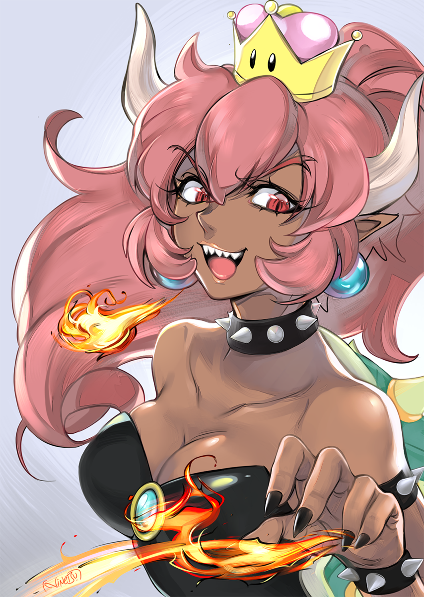 1girl belivinetsu bowsette bracelet breasts breathing_fire cleavage collar crown dark_skin earrings fire genderswap genderswap_(mtf) highres horns jewelry large_breasts lips super_mario_bros. new_super_mario_bros._u_deluxe nintendo personification ponytail red_eyes redhead sharp_teeth shell signature spiked_armlet spiked_bracelet spiked_collar spiked_shell spikes super_crown teeth