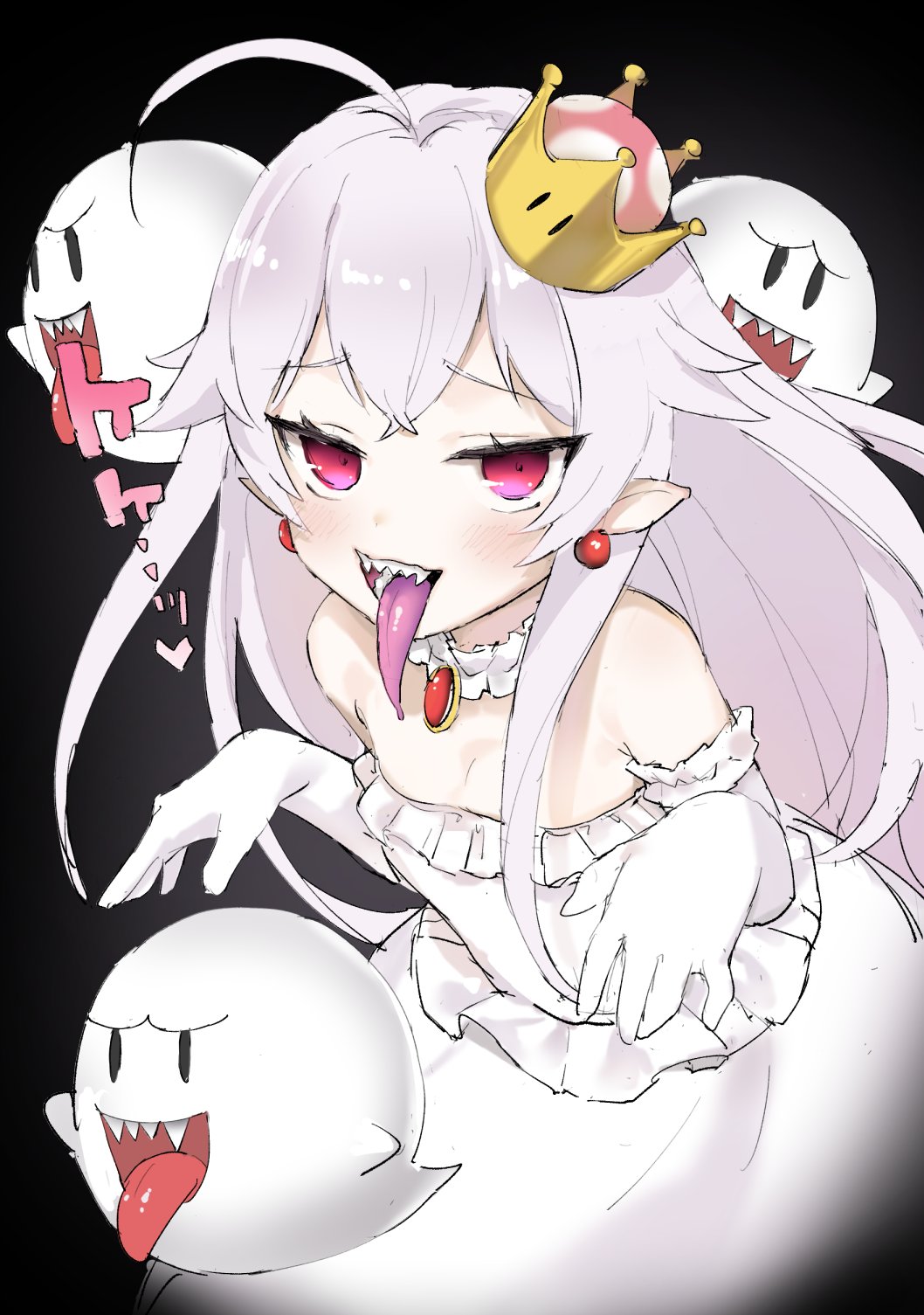 1girl ahoge bangs bare_shoulders black_background blush breasts crossed_bangs crown dress earrings gloves highres jewelry little_mea long_hair long_tongue looking_at_viewer super_mario_bros. new_super_mario_bros._u_deluxe nintendo pale_skin pointy_ears princess_king_boo red_eyes sharp_teeth silver_hair small_breasts smile solo super_crown teeth tongue tongue_out white_dress white_gloves younger