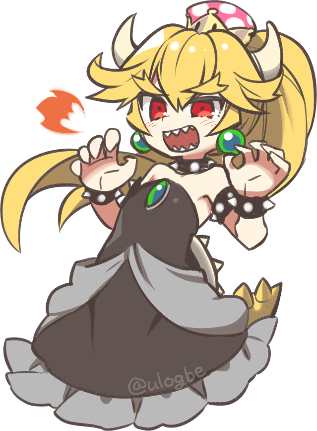 1girl armlet armpits artist_name bare_shoulders black_dress blonde_hair blush bowsette bracelet breasts breathing_fire claw_pose collar crown dress earrings fire flat_chest frilled_dress frills genderswap genderswap_(mtf) horns jewelry super_mario_bros. negi_(ulog'be) new_super_mario_bros._u_deluxe nintendo open_mouth ponytail red_eyes sharp_teeth solo spiked_bracelet spiked_collar spiked_shell spiked_tail spikes strapless strapless_dress super_crown tail teeth thick_eyebrows turtle_shell twitter_username upper_body