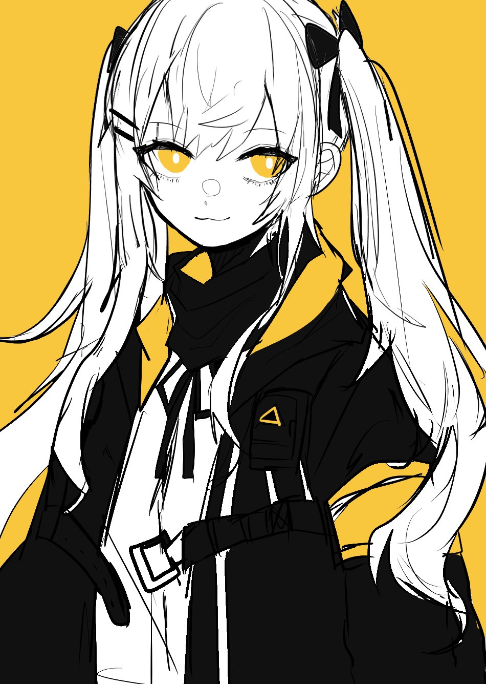 1girl :3 armband black_ribbon closed_mouth from_side fusego girls_frontline hair_ornament hair_ribbon hairclip highres jacket limited_palette long_hair long_sleeves looking_at_viewer neck_ribbon open_clothes open_jacket orange_background orange_eyes ribbon scar scar_across_eye simple_background sketch smile solo twintails ump9_(girls_frontline)