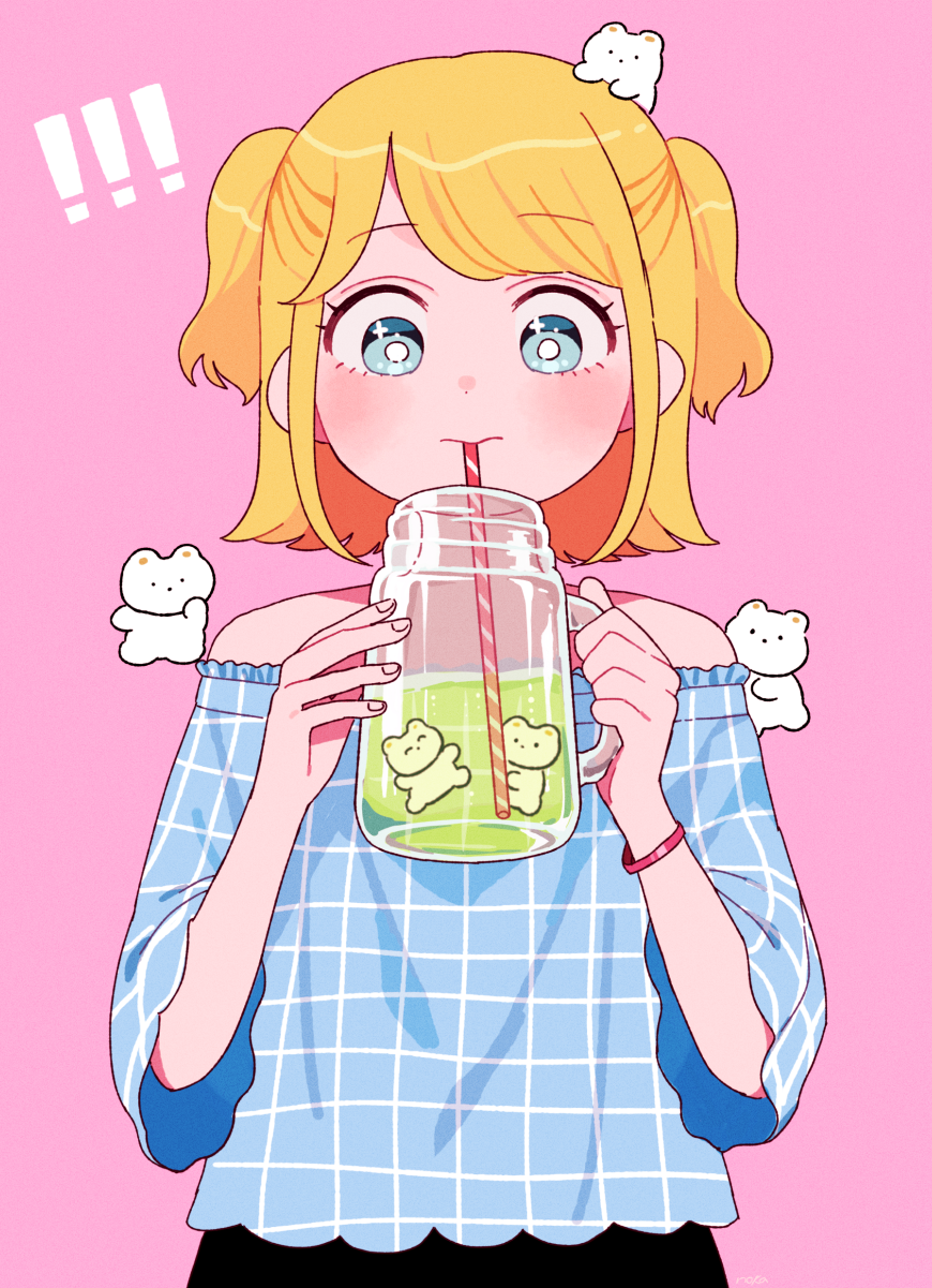 !! 1girl bangs bare_shoulders bear blonde_hair blue_eyes blush bracelet cup drink drinking drinking_straw eyebrows_visible_through_hair highres holding holding_cup in_mouth jewelry liquid looking_down mug nokanok original patterned_clothing pink_background short_hair short_sleeves simple_background solo strapless upper_body wide_sleeves