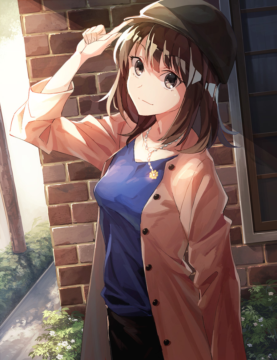 1girl blue_shirt brown_coat brown_eyes brown_hair brown_hat coat collarbone day hair_between_eyes hat head_tilt index_finger_raised jewelry k-me looking_at_viewer necklace open_clothes open_coat original outdoors shiny shiny_hair shirt short_hair smile solo