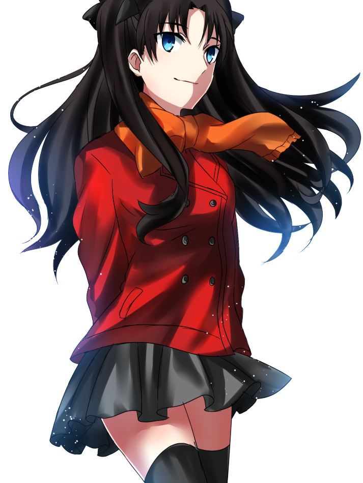 1girl arms_behind_back black_bow black_hair black_legwear blue_eyes bow cowboy_shot fate/stay_night fate_(series) floating_hair getsuyoubi grey_skirt hair_bow jacket long_hair miniskirt orange_scarf pleated_skirt red_jacket scarf simple_background skirt solo standing thigh-highs tohsaka_rin very_long_hair white_background winter_clothes zettai_ryouiki