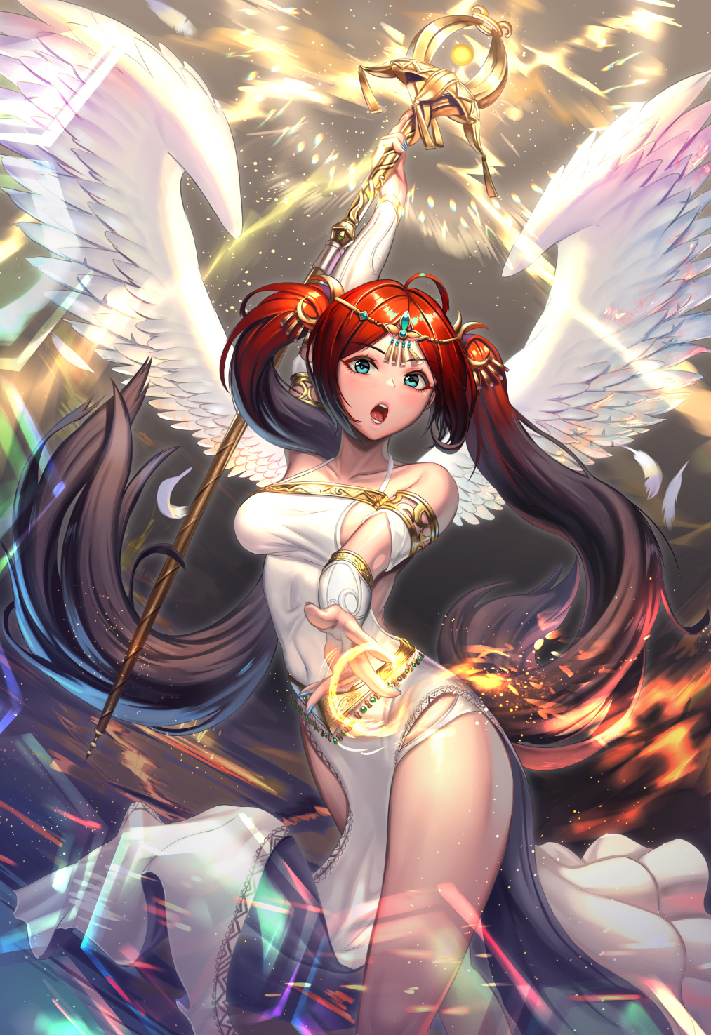 1girl ahoge angel angel_wings bangs bare_shoulders blue_eyes blush breasts bridal_gauntlets brown_hair circlet commentary_request dress feathered_wings feathers gradient_hair hand_up highres holding large_breasts lens_flare long_dress long_hair looking_at_viewer magic moonandmist multicolored_hair open_mouth original parted_bangs pelvic_curtain redhead side_slit solo spread_wings staff standing twintails very_long_hair white_dress white_wings wings