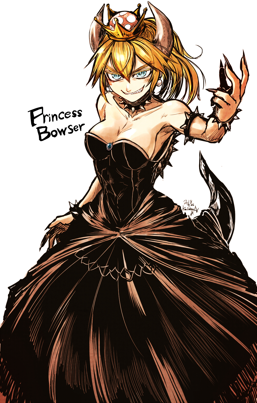 1girl artist_name black_dress blonde_hair blue_eyes bowsette bracelet breasts character_name cleavage commentary_request dated dress earrings fingernails grin highres horns jewelry kotoba_noriaki long_fingernails super_mario_bros. nail_polish new_super_mario_bros._u_deluxe nintendo sharp_teeth shell smile solo spiked_armlet spiked_bracelet spikes strapless strapless_dress super_crown tail teeth thick_eyebrows v-shaped_eyebrows