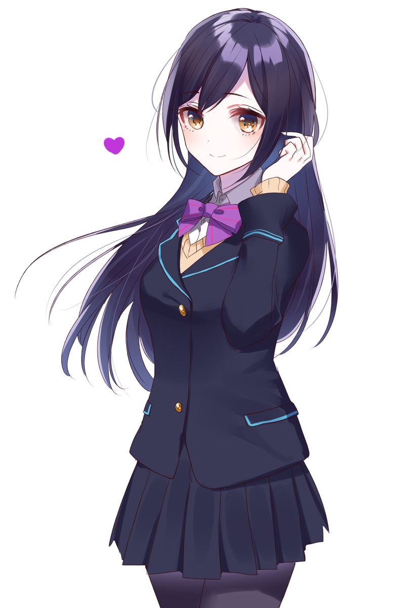 1girl alternate_costume black_legwear black_skirt blue_hair blush brown_eyes closed_mouth eyebrows_visible_through_hair heart highres long_hair long_sleeves looking_at_viewer misumi_(macaroni) nijisanji pantyhose school_uniform skirt smile solo tsukino_mito