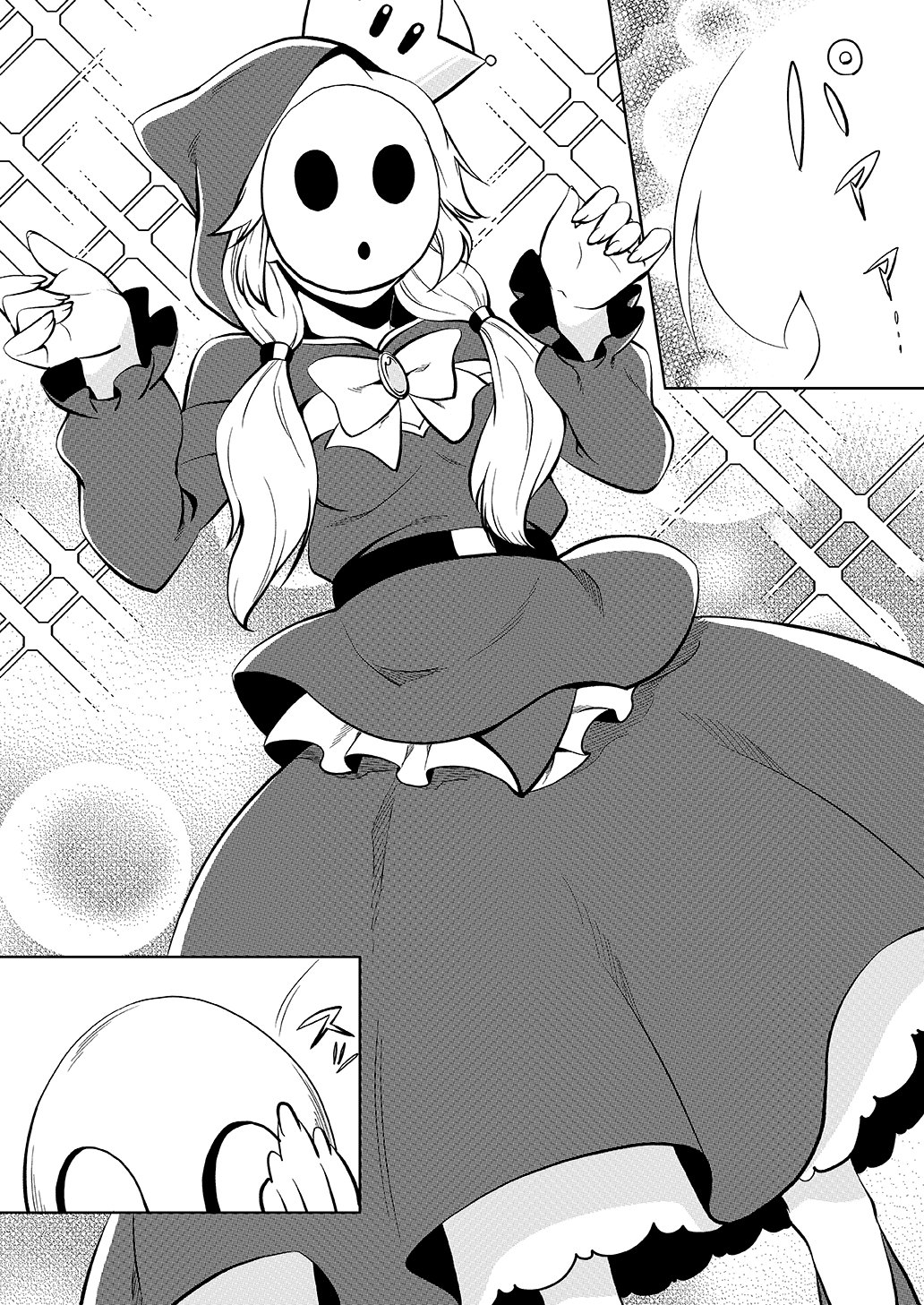 1girl belt bow bowtie comic damii0807 dress frilled_dress frills greyscale hair_ornament hands_up highres holding holding_mask hooded_dress humanization long_hair long_sleeves low_twintails super_mario_bros. mask monochrome new_super_mario_bros._u_deluxe nintendo shy_gal shy_guy sparkle super_crown transformation twintails