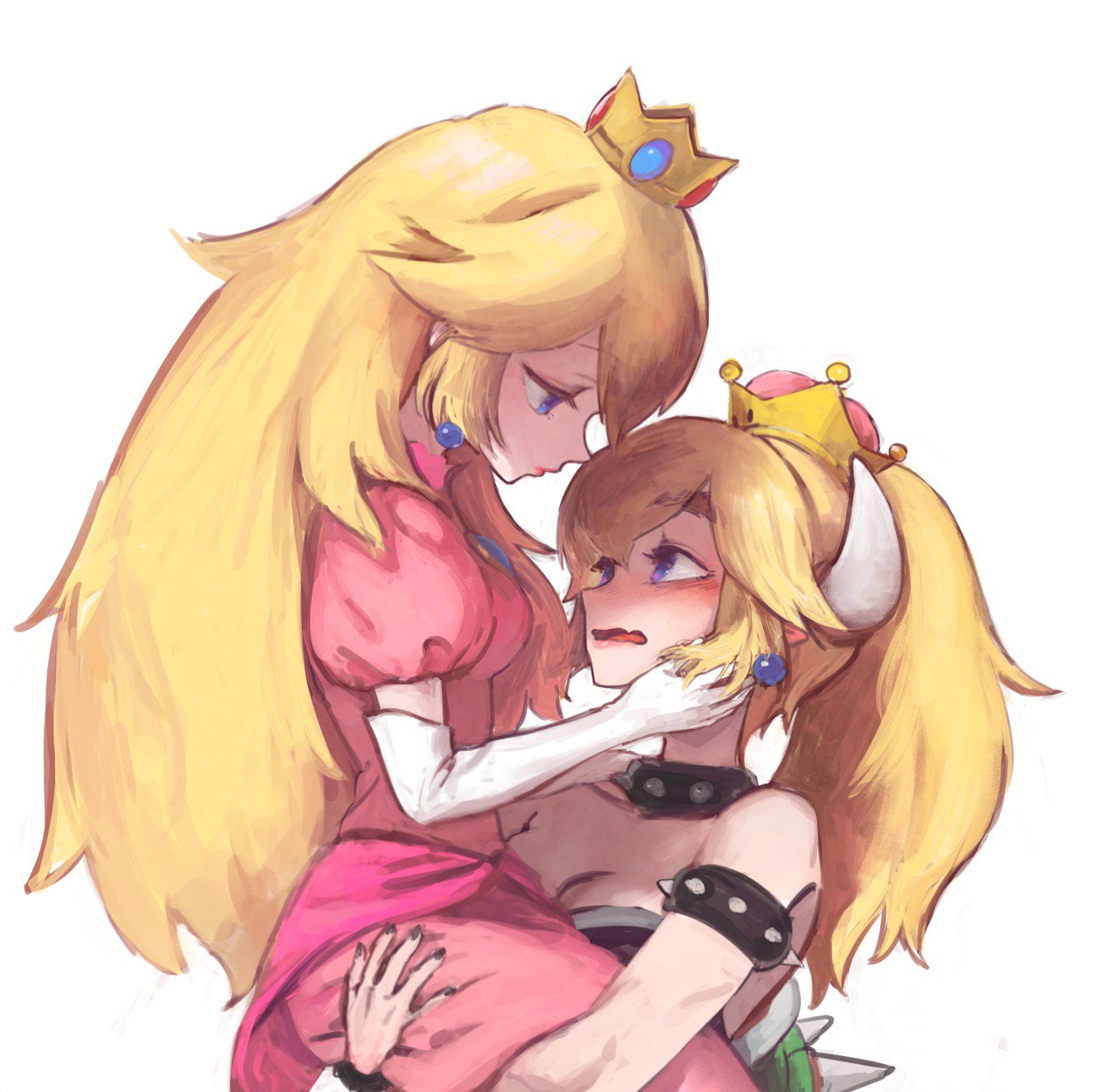 2girls blonde_hair blue_eyes blush bowsette bracelet breasts cleavage collar crown dress fang highres horns hoshi_taiji jewelry long_hair super_mario_bros. multiple_girls new_super_mario_bros._u_deluxe nintendo person_carrying pink_dress ponytail princess_peach spiked_armlet spiked_bracelet spiked_collar spiked_shell spikes super_crown super_mario_bros. yuri