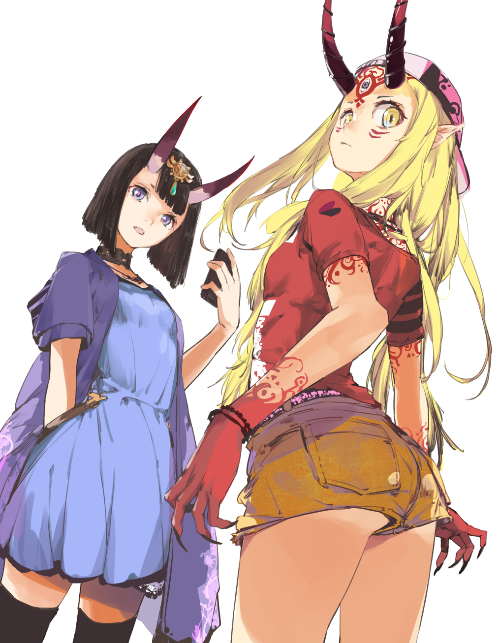 2girls ass backwards_hat bangs baseball_cap belt black_hair black_legwear blonde_hair blue_dress blue_eyes bob_cut bracelet breasts casual choker commentary_request cowboy_shot dress facial_mark fate/grand_order fate_(series) fingernails from_behind gem hair_ornament hat head_tilt highres holding holding_phone horns ibaraki_douji_(fate/grand_order) jewelry kiriyama long_hair looking_at_viewer looking_back multiple_girls oni oni_horns open_mouth phone pointy_ears red_shirt sharp_fingernails shirt short_hair short_sleeves shorts shuten_douji_(fate/grand_order) simple_background small_breasts standing t-shirt tan tanline tattoo thigh-highs third_eye white_background yellow_eyes