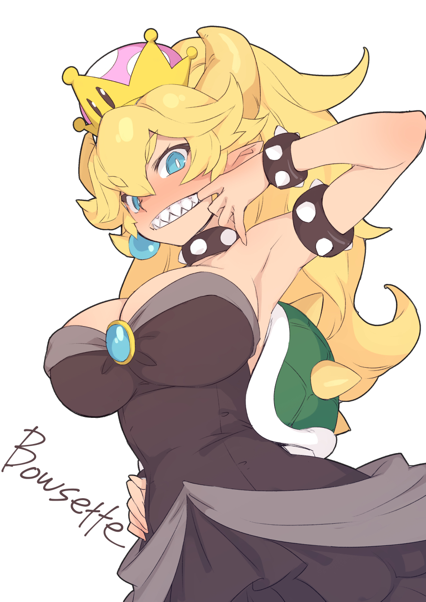 1girl armlet bare_shoulders black_dress blonde_hair blue_eyes bowser bowsette bracelet breasts cleavage collar crown dress genderswap genderswap_(mtf) highres horns jewelry large_breasts looking_at_viewer super_mario_bros. new_super_mario_bros._u_deluxe nintendo princess_peach sharp_teeth shell simple_background spiked_bracelet spiked_collar spikes sumaki_shungo super_crown super_mario_bros. teeth