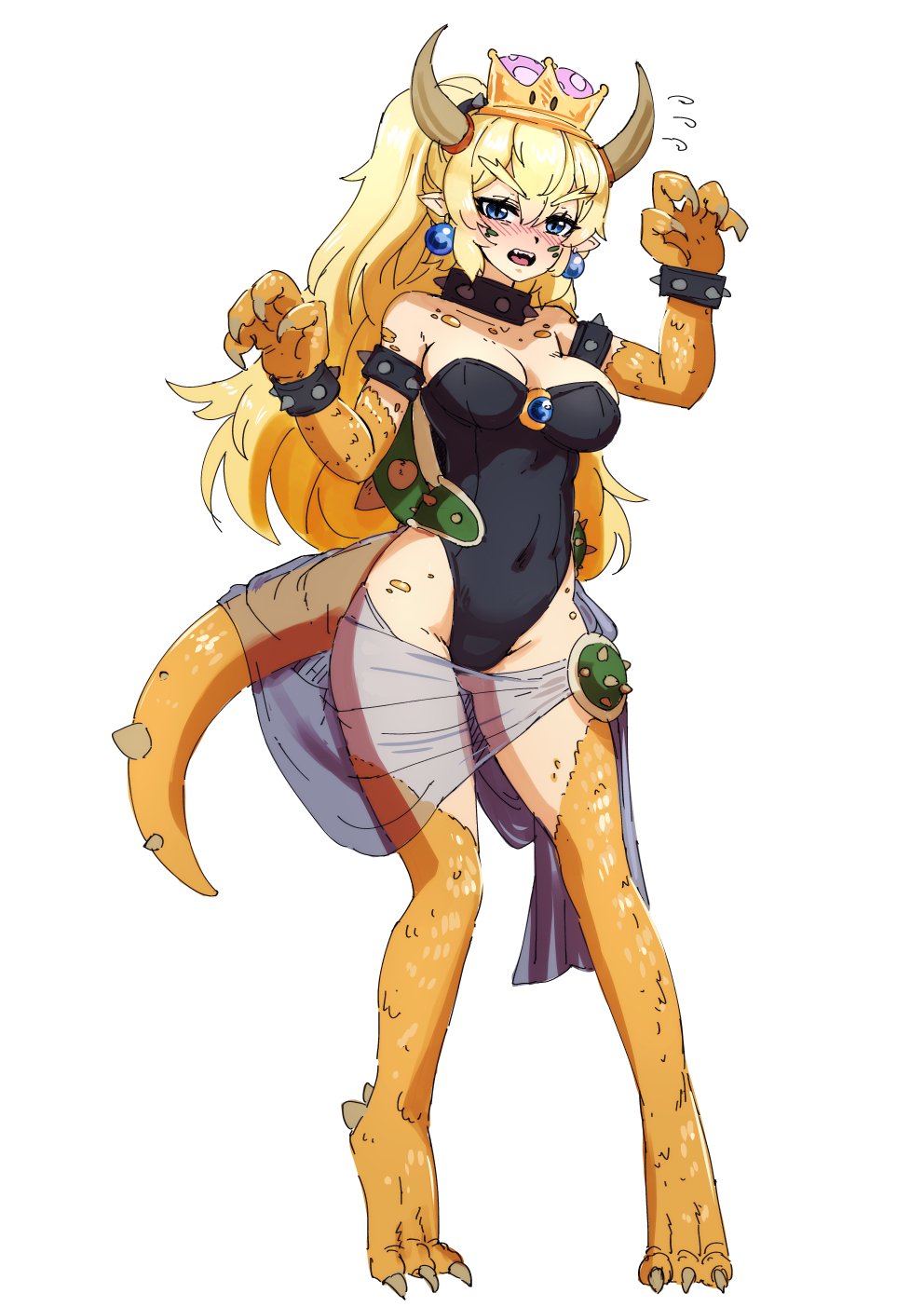 1girl barbariank blonde_hair blue_eyes blush bowsette bracelet claw_pose claws collar commentary crown earrings english_commentary fangs forked_eyebrows full_body hair_between_eyes highres horns jewelry leotard long_hair looking_at_viewer super_mario_bros. monster_girl monsterification new_super_mario_bros._u_deluxe nintendo paws pointy_ears ponytail scales sketch solo spiked_armlet spiked_bracelet spiked_collar spiked_shell spiked_tail spikes super_crown super_mario_bros. tail turtle_shell v-shaped_eyebrows violet_eyes
