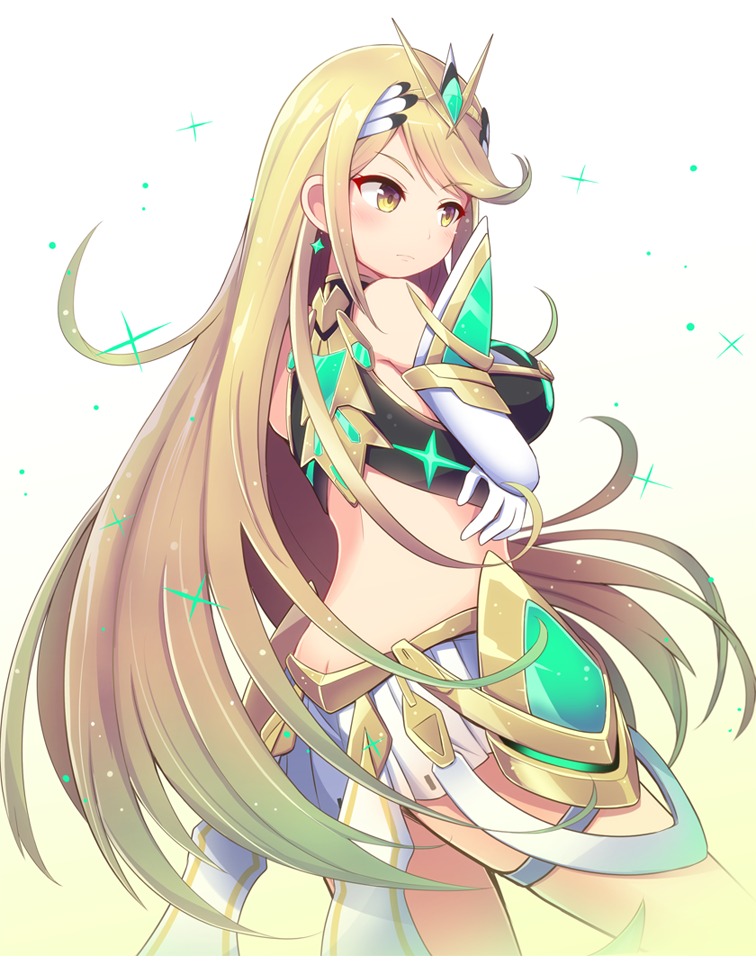 1girl armor bangs bare_shoulders blonde_hair blush breasts cleavage dress gloves jewelry large_breasts long_hair mythra_(xenoblade) nintendo qixi_cui_xing simple_background smile solo swept_bangs tiara white_background xenoblade_(series) xenoblade_2 yellow_eyes