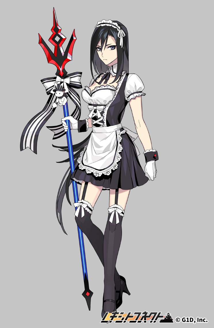 1girl black_eyes black_hair black_legwear black_skirt bow breasts copyright_name expressionless full_body garter_straps gloves grey_background hair_between_eyes holding holding_spear holding_weapon long_hair looking_at_viewer maid medium_breasts official_art polearm ponytail pota_(bluegutty) puffy_short_sleeves puffy_sleeves reki_connect short_sleeves skirt spear standing stuffed_animal stuffed_bunny stuffed_toy thigh-highs very_long_hair watermark weapon white_gloves