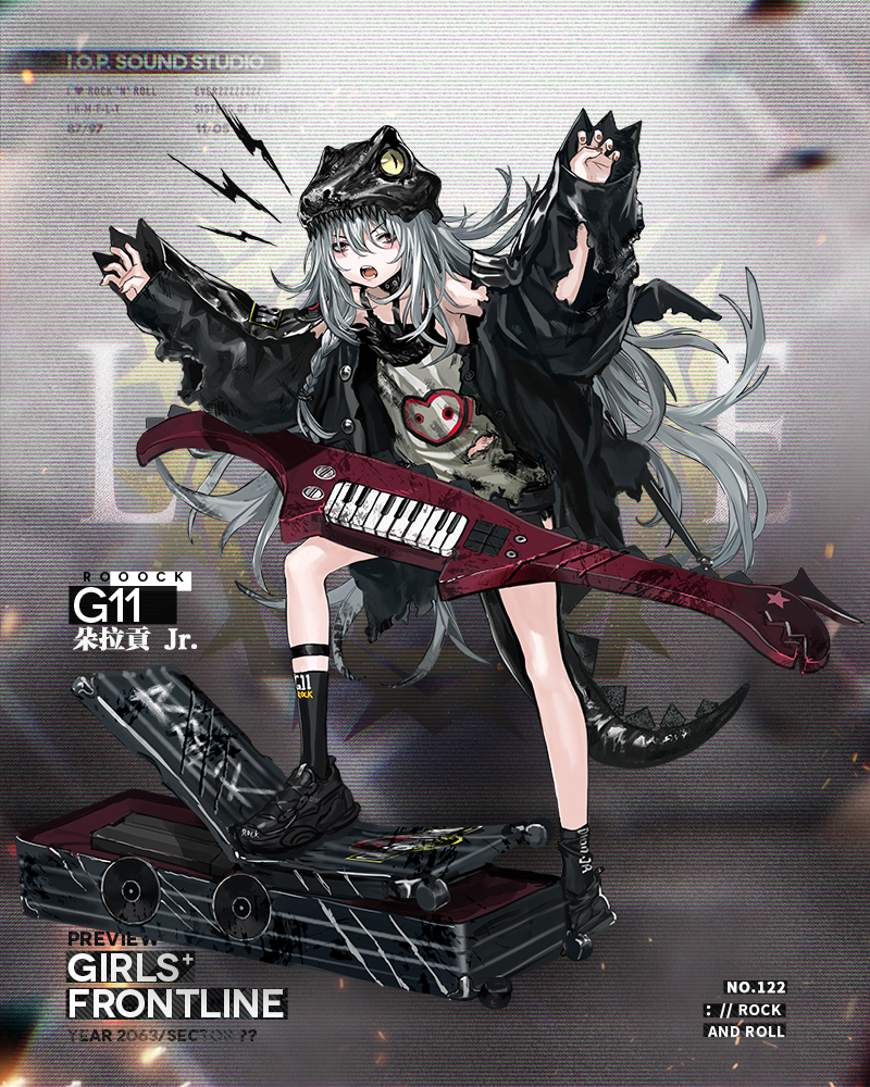 1girl alternate_costume amplifier arms_up assault_rifle baggy_clothes bangs belt black_footwear black_jacket black_shorts blush blush_stickers braid brown_eyes buckle character_name claw_pose clothes_writing dinosaur dinosaur_tail eyebrows_visible_through_hair fake_tail fake_wings floating_hair full_body g11 g11_(girls_frontline) girls_frontline grey_shirt gun hair_between_eyes hair_over_shoulder half-closed_eyes hat heckler_&amp;_koch infukun instrument jacket jurassic_park keyboard_(instrument) keychain leather_choker leg_up long_hair looking_at_viewer messy_hair multiple_belts nail_polish off_shoulder official_art open_clothes open_mouth parody red_nails rifle roaring rocker-chic shirt shoes short_shorts shorts side_braid sidelocks silver_hair sleeveless sleeveless_shirt sneakers socks solo tail teeth tongue torn_clothes torn_jacket torn_shirt very_long_hair weapon weapon_case wings