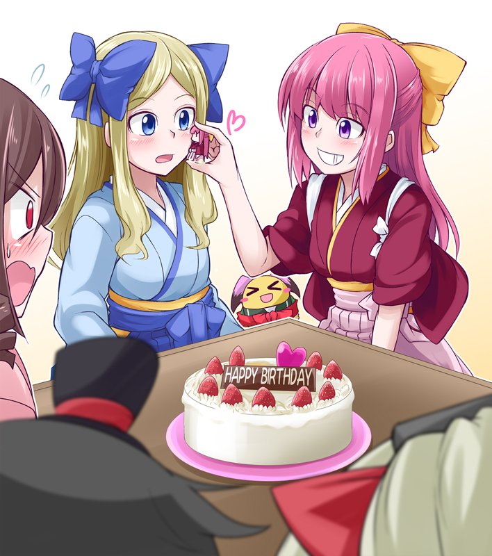 5girls asakaze_(kantai_collection) bangs birthday_cake blonde_hair blue_bow blue_eyes blue_hakama blue_kimono bow brown_hair cake commentary_request cowboy_shot drill_hair food forehead fruit gradient gradient_background grin hakama happy_birthday harukaze_(kantai_collection) hat hatakaze_(kantai_collection) ichimi japanese_clothes kamikaze_(kantai_collection) kantai_collection kimono kotatsu kunashiri_(kantai_collection) long_hair matsukaze_(kantai_collection) meiji_schoolgirl_uniform mini_hat mini_top_hat multiple_girls parted_bangs pink_hair pink_hakama red_eyes red_kimono sidelocks smile strawberry table tasuki top_hat violet_eyes wavy_hair white_background yellow_bow