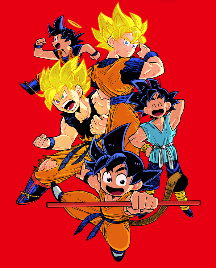 5boys :d ^_^ age_progression annoyed arm_up bitz777 black_eyes black_hair blonde_hair blue_eyes boots clenched_hand clenched_hands closed_eyes closed_eyes dirty dirty_clothes dougi dragon_ball dragon_ball_(classic) dragonball_z fingernails full_body halo hand_on_hip happy jumping looking_away looking_back male_focus multiple_boys multiple_persona nyoibo open_mouth profile red_background running shaded_face short_hair simple_background smile son_gokuu spiky_hair standing super_saiyan sweatdrop tail teeth torn_clothes wristband