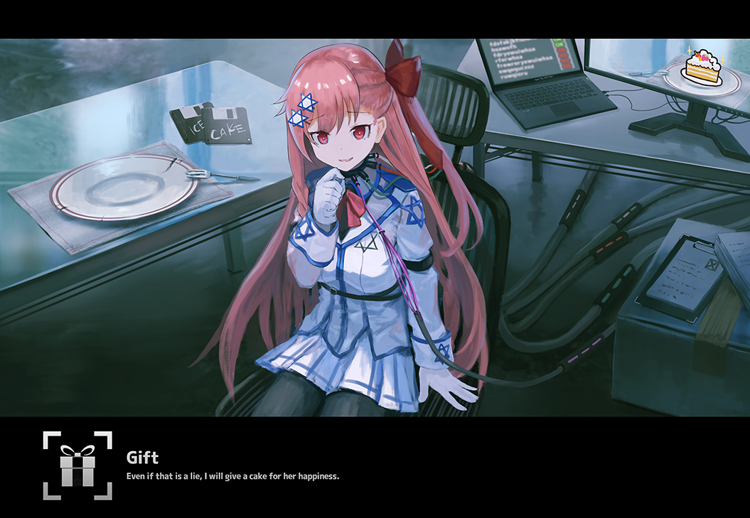 1girl bangs black_legwear blush bow braid breasts cable chair computer eyebrows_visible_through_hair floppy_disk fork girls_frontline gloves hair_between_eyes hair_bow hair_ornament hair_ribbon hairclip hand_up hexagram hin'yari_(kakukuru) indoors laptop letterboxed long_hair looking_at_viewer monitor negev_(girls_frontline) one_side_up open_mouth pantyhose pink_hair plate red_bow red_eyes ribbon sitting skirt smile solo star_of_david white_gloves white_skirt
