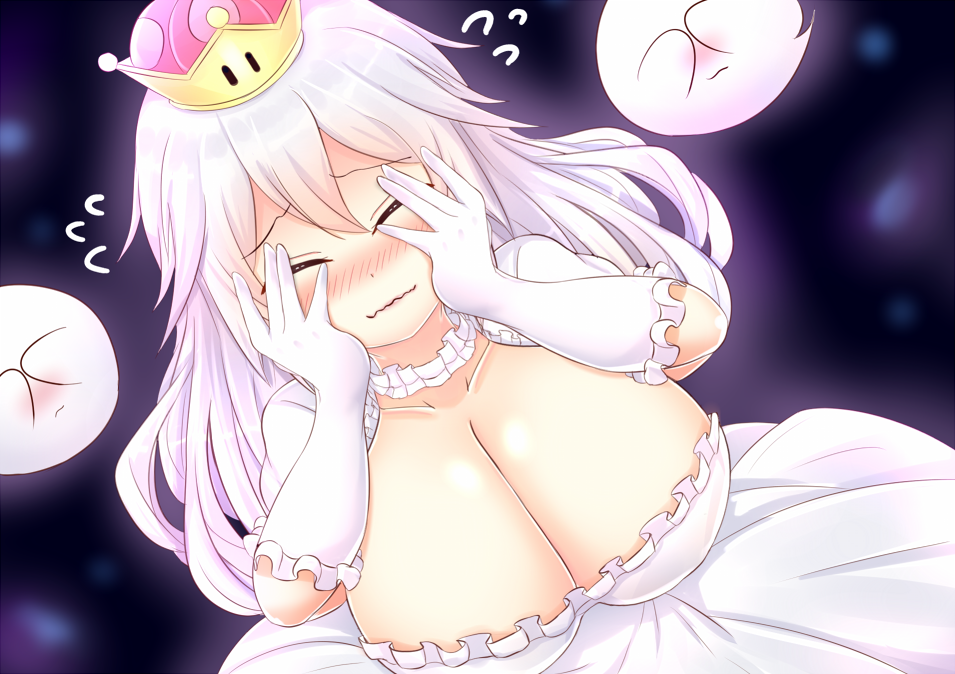 1girl blush breasts covering_face crown detached_sleeves embarrassed frilled_gloves frilled_sleeves frills from_above genderswap genderswap_(mtf) gloves kane-neko large_breasts long_hair looking_at_viewer luigi's_mansion super_mario_bros. new_super_mario_bros._u_deluxe nintendo nipples princess_king_boo puffy_short_sleeves puffy_sleeves saliva short_sleeves super_crown violet_eyes wavy_mouth white_gloves white_hair white_legwear