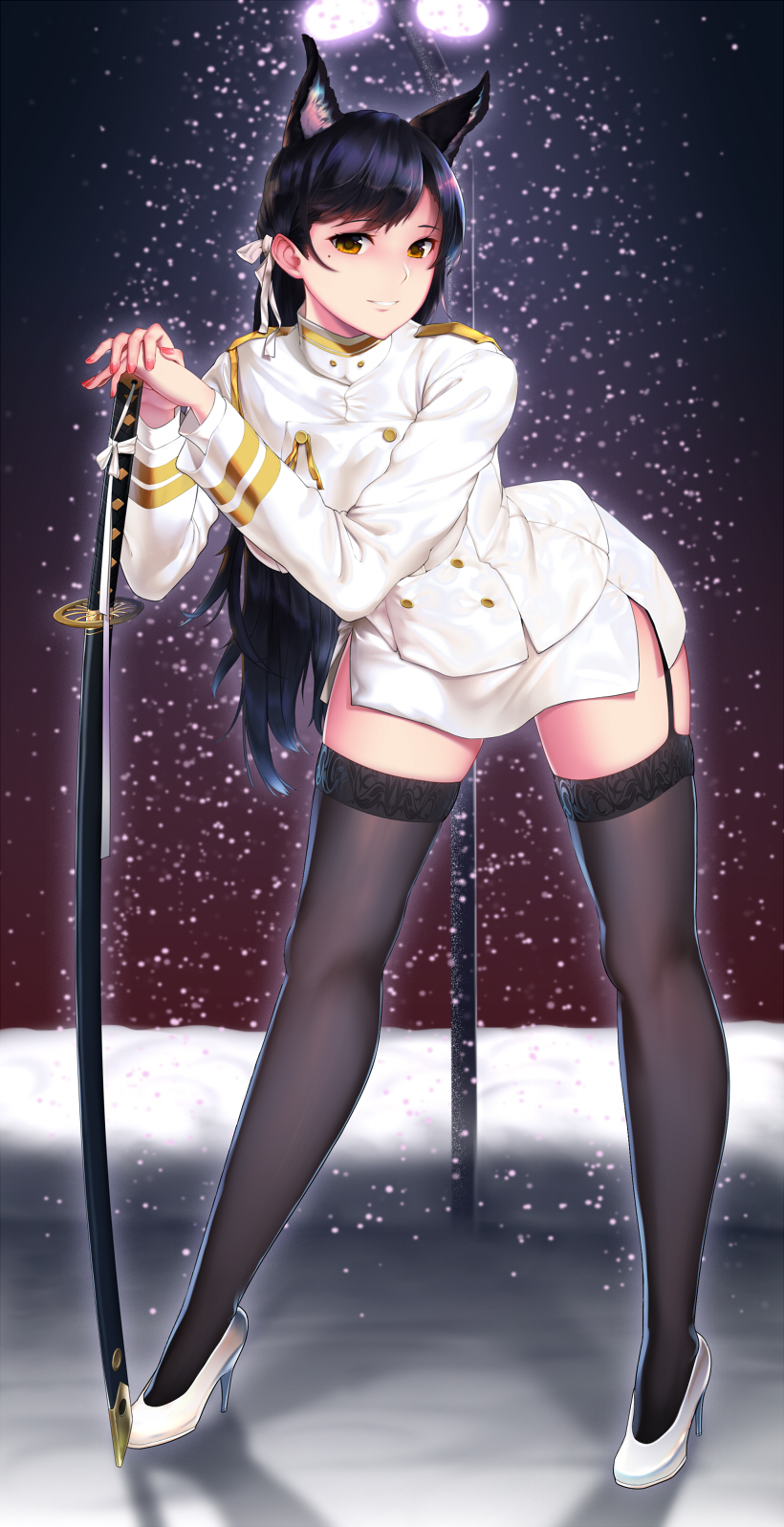 1girl animal_ears atago_(azur_lane) azur_lane baiyin bangs black_hair black_legwear blush breasts brown_eyes commentary double-breasted extra_ears eyebrows_visible_through_hair full_body garter_straps gloves glowing hair_ribbon high_heels highres holding holding_sword holding_weapon jacket katana lace lace-trimmed_thighhighs lamppost large_breasts leaning_forward light long_hair looking_at_viewer military military_uniform miniskirt mole mole_under_eye nail_polish night outdoors parted_lips red_nails ribbon sheath sheathed sidelocks skindentation skirt smile snow snowing solo swept_bangs sword thigh-highs uniform weapon white_footwear white_gloves white_jacket white_ribbon