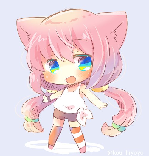 1girl :d animal_ear_fluff animal_ears bangs bike_shorts black_shorts blue_eyes blush cat_ears chibi eyebrows_visible_through_hair full_body green_eyes hair_between_eyes hair_bobbles hair_ornament hinata_channel kouu_hiyoyo long_hair low_twintails mismatched_legwear multicolored multicolored_eyes nekomiya_hinata open_mouth orange_legwear pink_hair purple_background short_shorts shorts smile solo standing striped striped_legwear tank_top thigh-highs twintails twitter_username very_long_hair virtual_youtuber white_tank_top