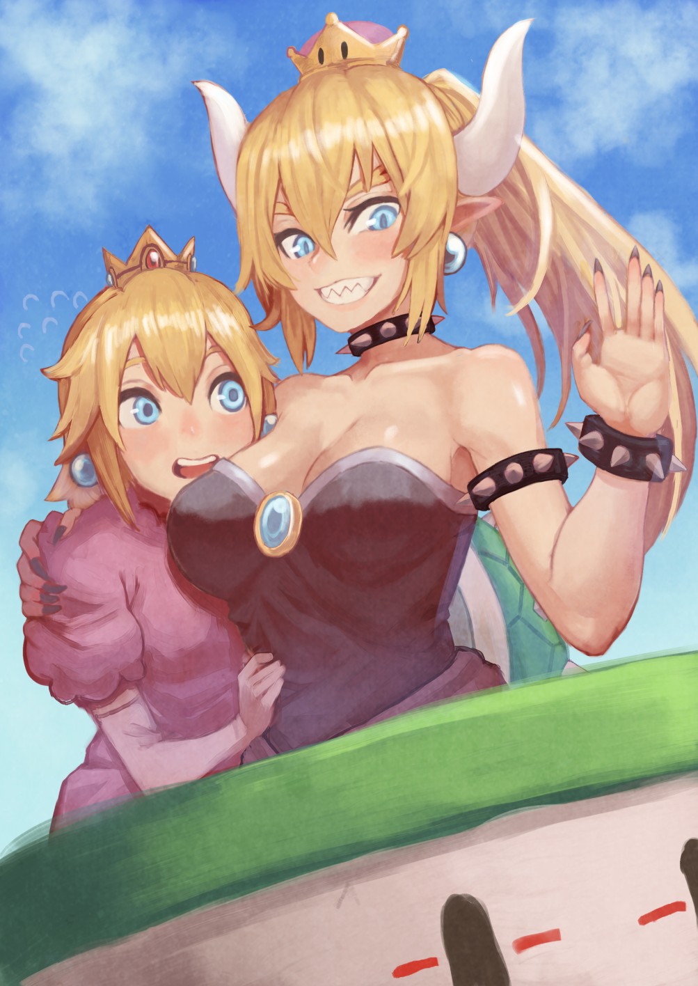 2girls black_nails blonde_hair blue_eyes blue_sky blush bowsette breasts cleavage crown cup day dress earrings fingernails genderswap genderswap_(mtf) highres horns janoukyo19 jewelry large_breasts looking_at_viewer super_mario_bros. multiple_girls nail_polish new_super_mario_bros._u_deluxe nintendo open_mouth pointy_ears ponytail princess_peach puffy_short_sleeves puffy_sleeves sharp_fingernails sharp_teeth shell short_sleeves sky sleeveless sleeveless_dress smile strapless strapless_dress teeth waving yuri